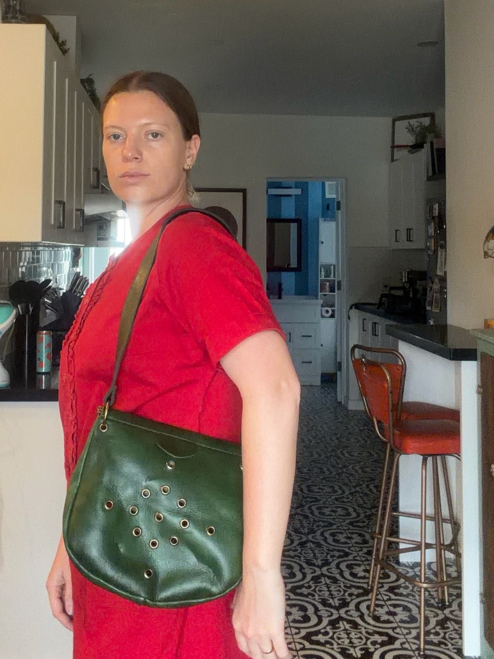 FREE with purchase! Vintage Green Leather Crossbody Bag with Eyelet Detail - Picture 9 of 14
